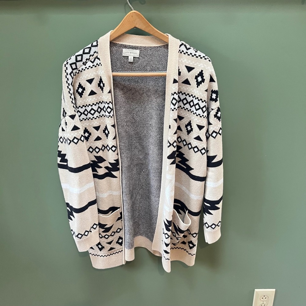 Lucky Brand Women's Geometric Print Open Front Cardigan Sweater Size Large